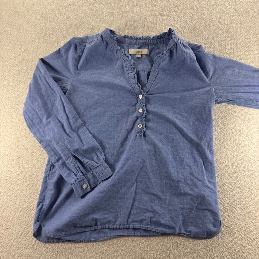 LOFT Blouse Women Small Blue Excellent Ruffle Neck Cotton Chambray Henley Top